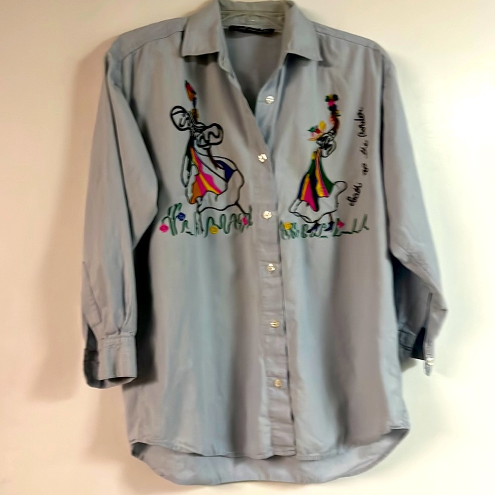 Vintage Tribes for her light denim button up shirt south of the border fun art